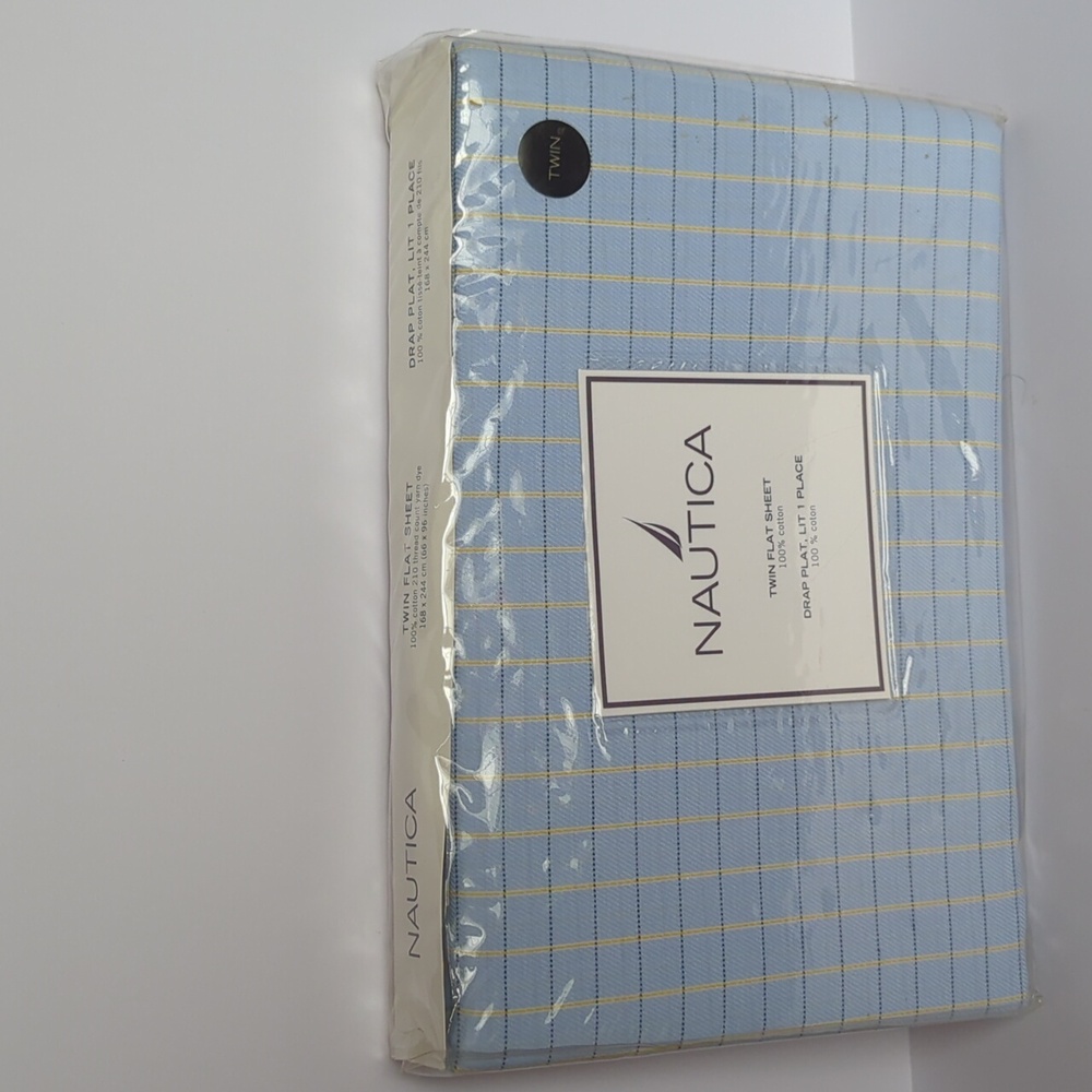 Nautical Sheet Twin Flat 100% Cotton Blue Windowpane 210 Thread Count NEW